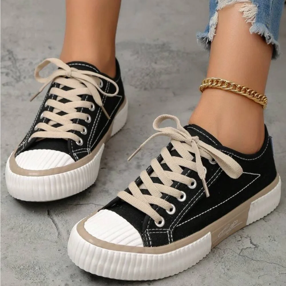 Low Top Wide Fit  Canvas Sneakers, Preppy Colorblock Black Flat Shoes - Picture 3 of 6